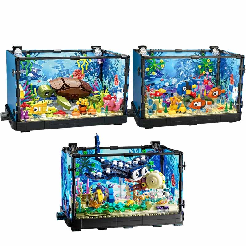 Marine Fish Tank - Set Blok Bangunan Akuarium dengan Lampu,